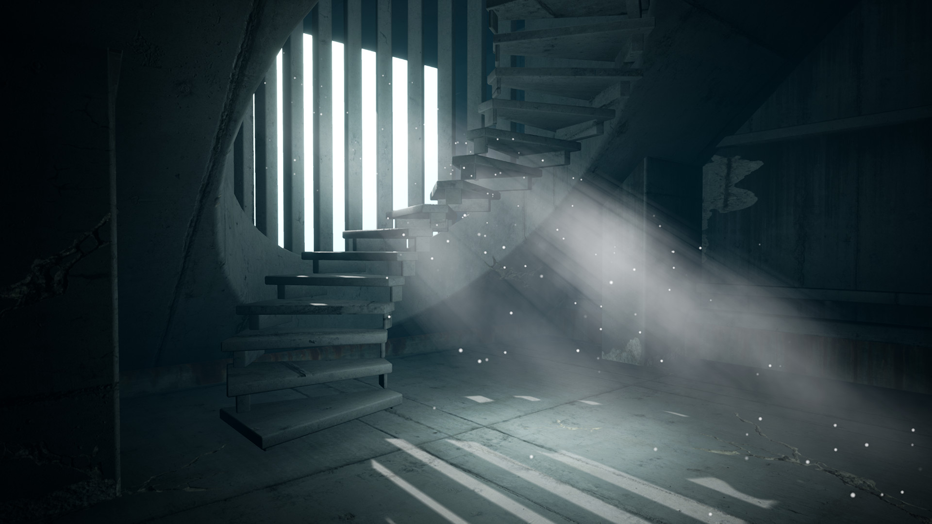 A cold concrete stairwell shown in an official Escape the Backrooms screenshot